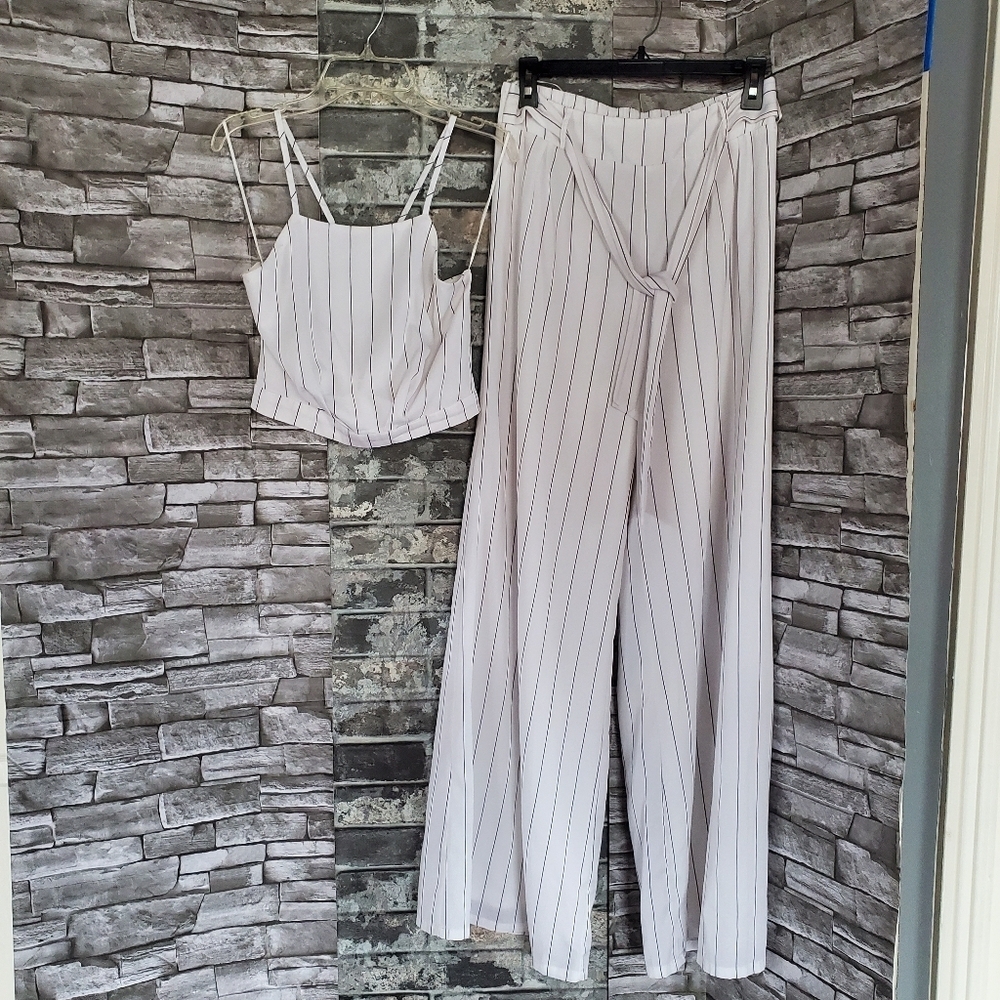 Miss Avenue‎ Crop Sleeveless Top & Wide-leg High-rise Pants Set White Stripe Med